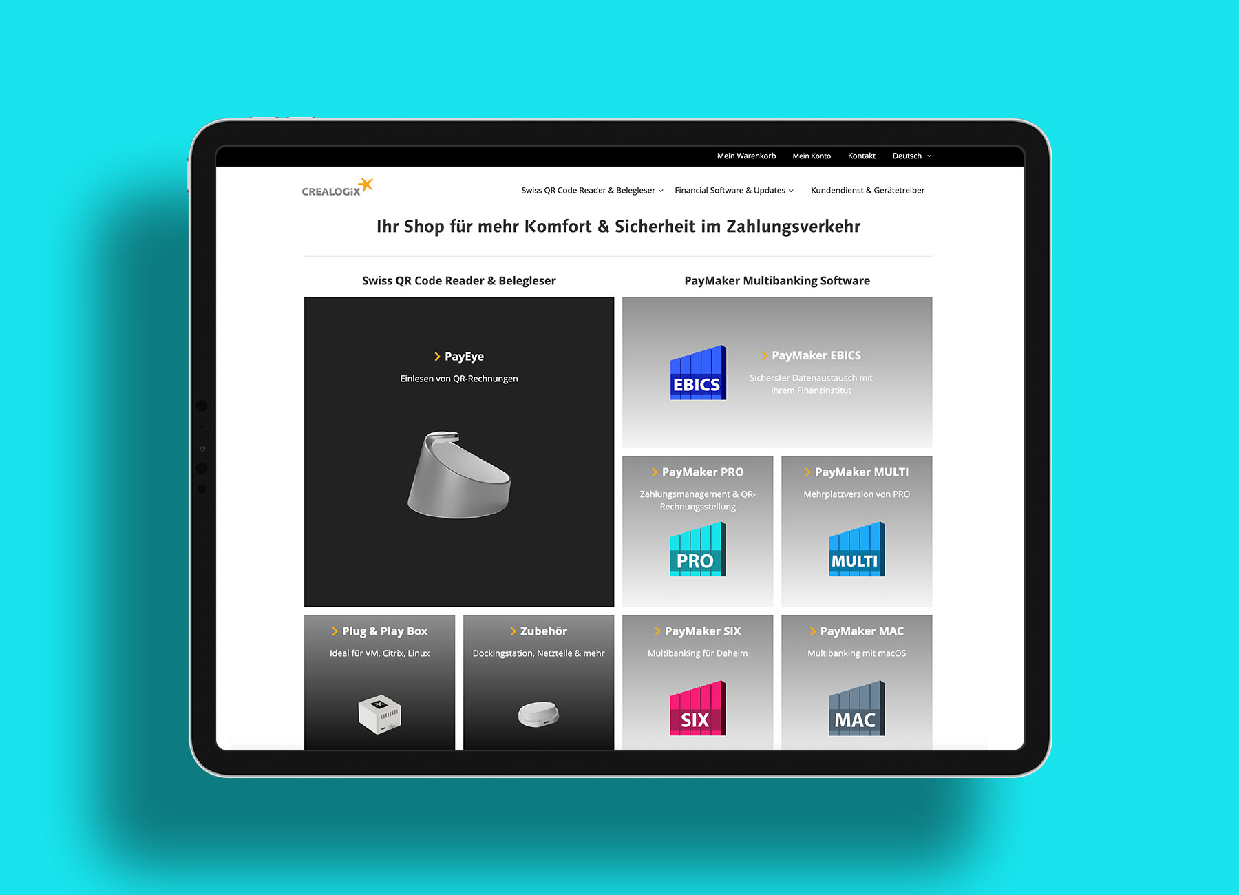 Von BRANDZEICHNER gestaltete Shop-Seite für CREALOGIX
